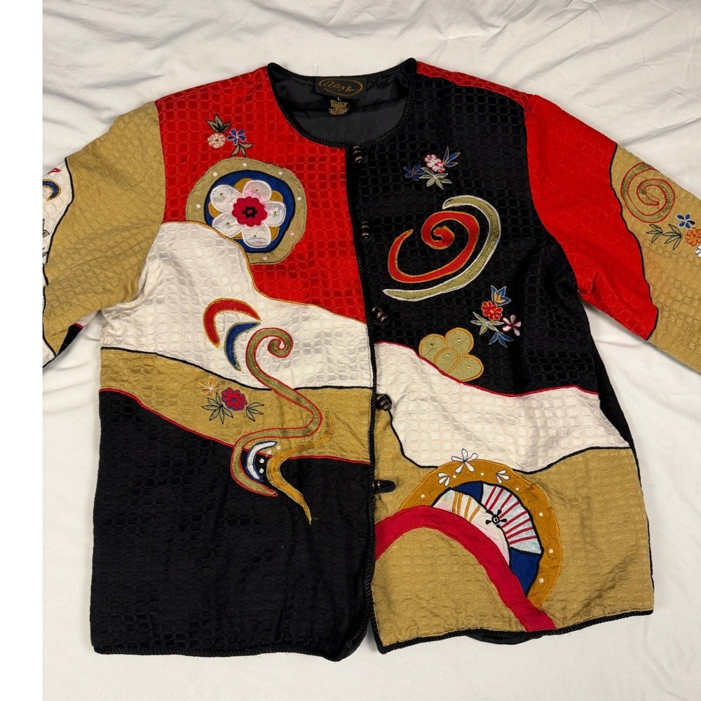 Alex Lee Vintage Embroidered Patchwork Jacket Colorblock Floral Art Womens Large